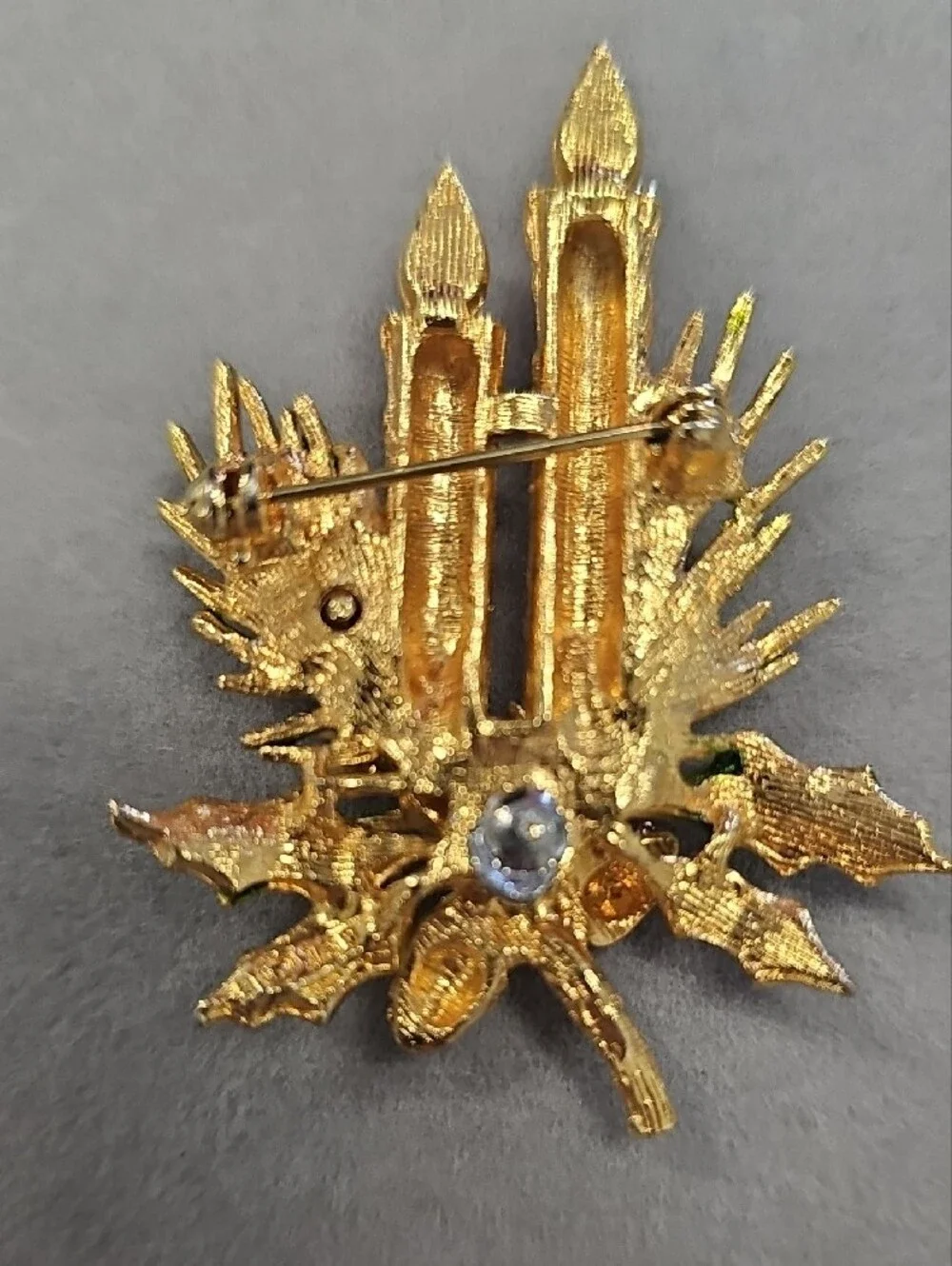 Gold-Tone Holiday Candle Brooch with Red Accents